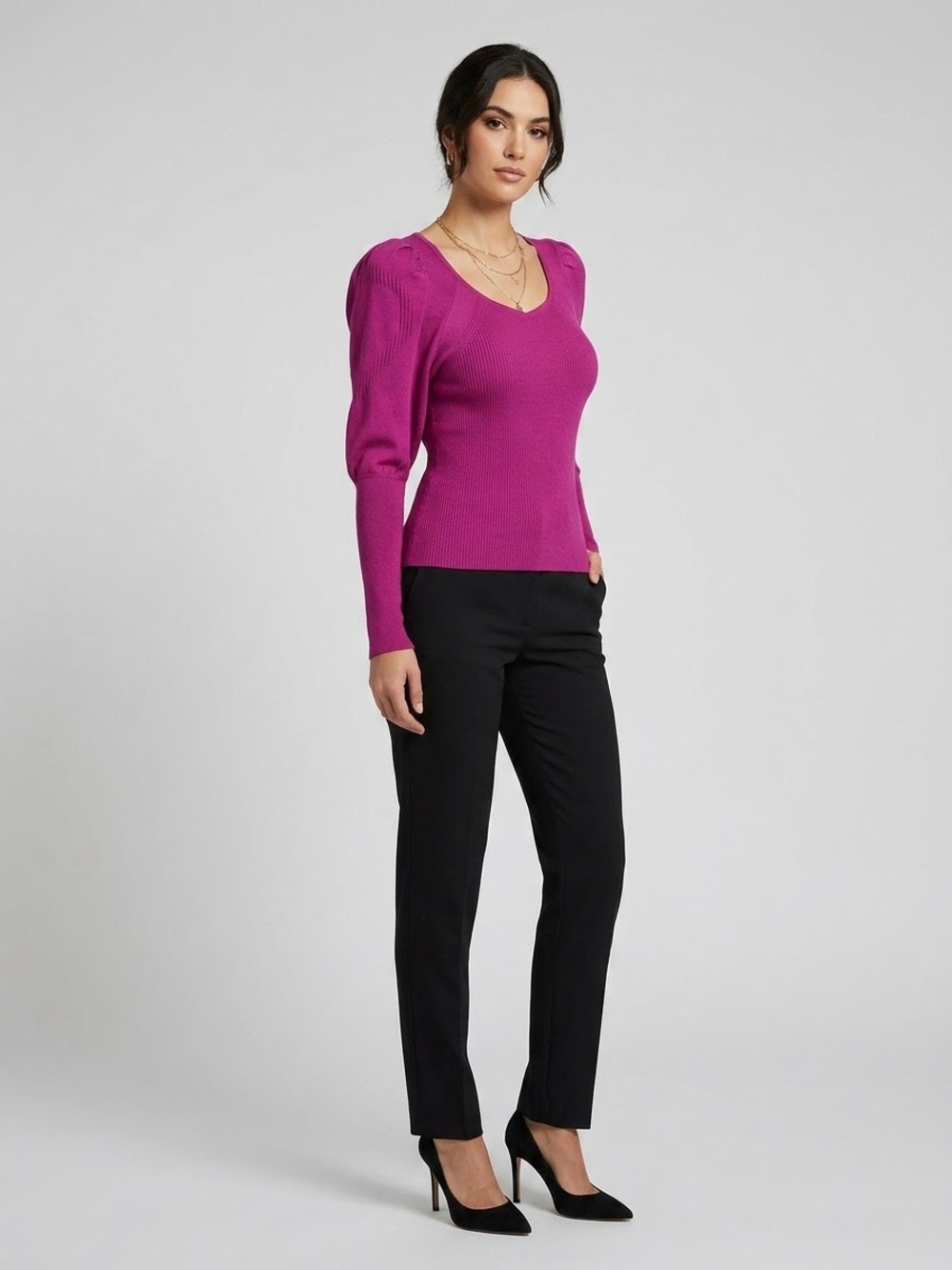 Vintage Y2K Just Cavalli Magenta Pink Puff Sleeve Ribbed Knit Top - Size 40